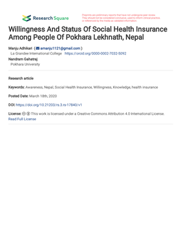 Willingness and Status of Social Health Insurance Among People of Pokhara Lekhnath, Nepal