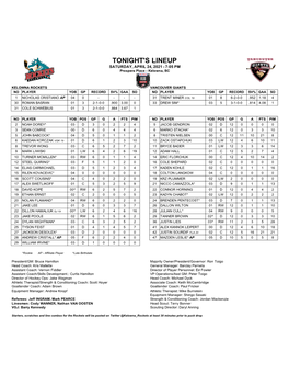 TONIGHT's LINEUP SATURDAY, APRIL 24, 2021 - 7:05 PM Prospera Place - Kelowna, BC