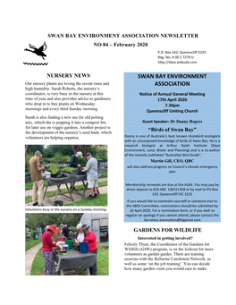 SWAN BAY ENVIRONMENT ASSOCIATION NEWSLETTER NO 84 – February 2020 P.O