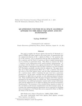 Darvas, G.: Quaternion/Vector Dual Space Algebras Applied to the Dirac