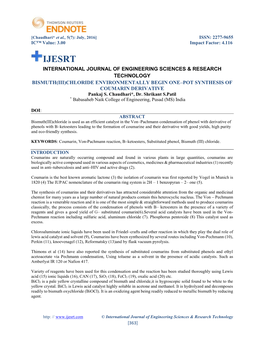 BISMUTH(III)CHLORIDE ENVIRONMENTALLY BEGIN ONE–POT SYNTHESIS of COUMARIN DERIVATIVE Pankaj S