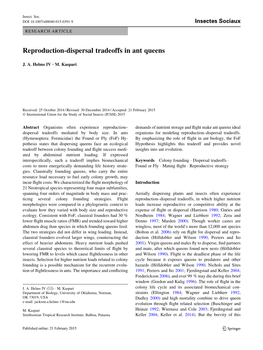 Reproduction-Dispersal Tradeoffs in Ant Queens