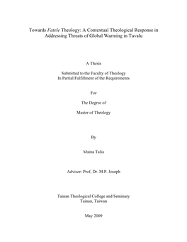 Towards Fatele Theology: a Contextual Theological Response in Addressing Threats of Global Warming in Tuvalu