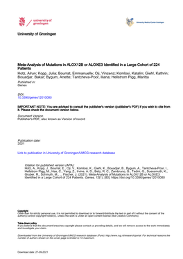 Meta-Analysis of Mutations in ALOX12B Or ALOXE3 Identified in a Large Cohort of 224 Patients