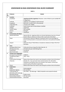 Jogeshwar & Khas Jogeshwar Coal Block Summary