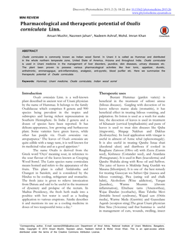 Pharmacological and Therapeutic Potential of Oxalis Corniculata Linn. Ansari Mushir, Nasreen Jahan*, Nadeem Ashraf, Mohd