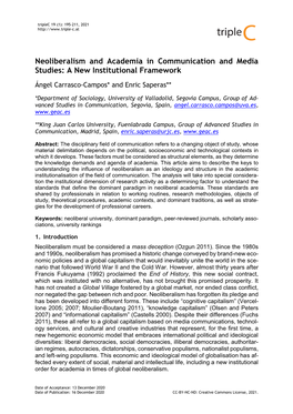 Neoliberalism and Academia in Communication and Media Studies: a New Institutional Framework