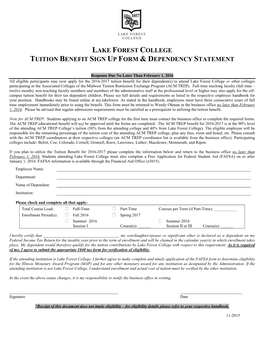 Lake Forest College Tuition Benefit Sign up Form & Dependency Statement