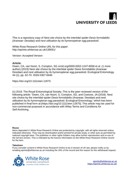 Nest Site Choice by the Intertidal Spider Desis Formidabilis (Araneae: Desidae) and Nest Utilisation by Its Hymenopteran Egg Parasitoid