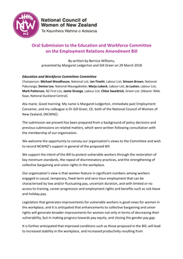 Oral Submission to the Education and Workforce Committee on the Employment Relations Amendment Bill