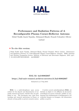 Performance and Radiation Patterns of a Reconfigurable Plasma Corner-Reflector Antenna Mohd Taufik Jusoh Tajudin, Mohamed Himdi, Franck Colombel, Olivier Lafond