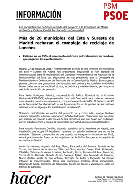 Más De 20 Municipios Del Este Y Sureste De Madrid Rechazan El Complejo De Reciclaje De Loeches