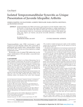 Isolated Temporomandibular Synovitis As Unique Presentation of Juvenile Idiopathic Arthritis