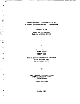 In Situ Propellant Production: Alternatives for Mars Exploration