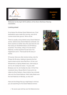Welcome to the April 2015 Edition of the Donn Mcclean Racing Newsletter