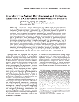 Modularity in Animal Development and Evolution: Elements of a Conceptual Framework for Evodevo