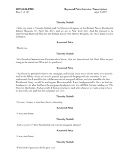 2007-04-04-PRIC Raymond Price Interview Transcription Page 1 of 117 April 4, 2007 Timothy Naftali Hello, My Name Is Timothy Naft