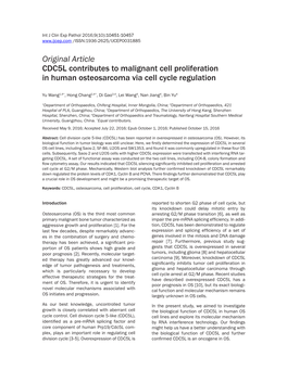 Original Article CDC5L Contributes to Malignant Cell Proliferation in Human Osteosarcoma Via Cell Cycle Regulation