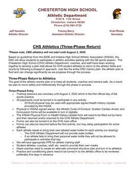 CHESTERTON HIGH SCHOOL CHS Athletics (Three-Phase Return)