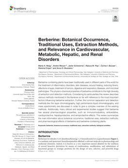 Berberine: Botanical Occurrence, Traditional Uses, Extraction Methods, and Relevance in Cardiovascular, Metabolic, Hepatic, and Renal Disorders