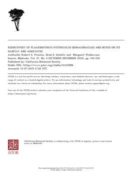 REDISCOVERY of PLAGIOBOTHRYS HYSTRICULUS (BORAGINACEAE) and NOTES on ITS HABITAT and ASSOCIATES Author(S): Robert E