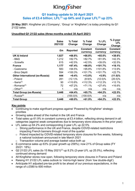 Q1 Trading Update to 30 April 2021 Sales of £3.4 Billion; LFL(1) up 64% and 2-Year LFL(2) up 23%