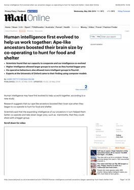 Human Intelligence First Evolved When Our Ancestors Began Co-Operating to Hunt for Food and Shelter | Daily Mail Online 30/05/2018, 13:24