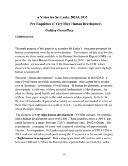 A Vision for Sri Lanka 2025& 2035 Pre-Requisites of Very High Human Development Godfrey Gunatilleke