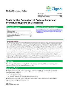 Tests for the Evaluation of Preterm Labor and Premature Rupture of Membranes