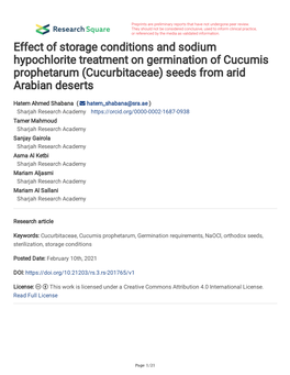 Effect of Storage Conditions and Sodium Hypochlorite Treatment on Germination of Cucumis Prophetarum (Cucurbitaceae) Seeds from Arid Arabian Deserts