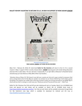 Bullet for My Valentine to Return to U.S. in May in Support of New Album Venom