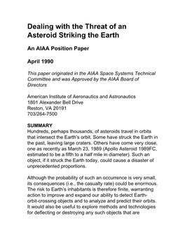 Dealing with the Threat of an Asteroid Striking the Earth