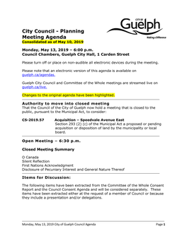 City Council - Planning Meeting Agenda Consolidated As of May 10, 2019