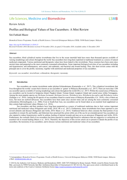 Profiles and Biological Values of Sea Cucumbers: a Mini Review Siti Fathiah Masre
