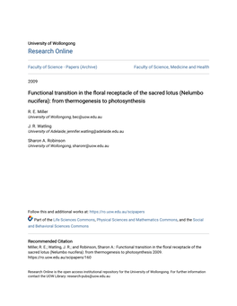 Functional Transition in the Floral Receptacle of the Sacred Lotus (Nelumbo Nucifera): from Thermogenesis to Photosynthesis