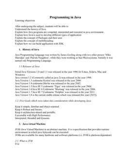Programming in Java Learning Objectives