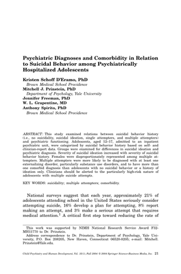 Psychiatric Diagnoses and Comorbidity in Relation to Suicidal Behavior Among Psychiatrically Hospitalized Adolescents