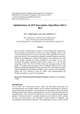 Optimization of AES Encryption Algorithm with S- Box