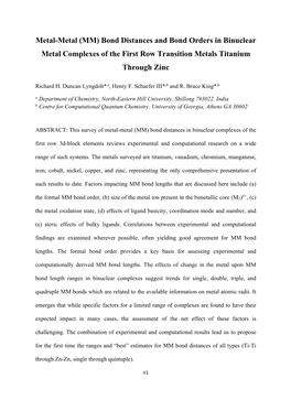 Bond Distances and Bond Orders in Binuclear Metal Complexes of the First Row Transition Metals Titanium Through Zinc