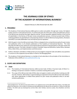 Journals Code of Ethics of the Academy of International Business 1