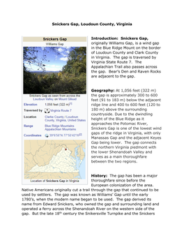 Snickers Gap, Loudoun County, Virginia Introduction: Snickers Gap