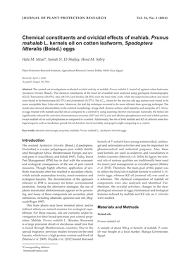 Chemical Constituents and Ovicidal Effects of Mahlab, Prunus Mahaleb L. Kernels Oil on Cotton Leafworm, Spodoptera Littoralis (Boisd.) Eggs