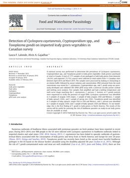 Detection of Cyclospora Cayetanensis, Cryptosporidium Spp., and Toxoplasma Gondii on Imported Leafy Green Vegetables in Canadian Survey