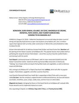 Bonchon, Sura Hawaii, Jollibee, Da Cove, Magnolia Ice Cream, Infinitea, Papa John’S, and Yummy Korean Bbq Coming to Ka Makana Ali‘I