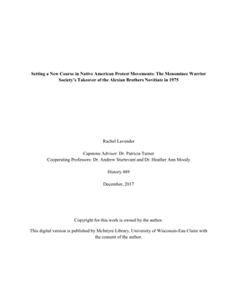Setting a New Course in Native American Protest Movements: the Menominee Warrior Society’S Takeover of the Alexian Brothers Novitiate in 1975