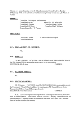 1 Minutes of a General Meeting of the St Athan Community Council, Held