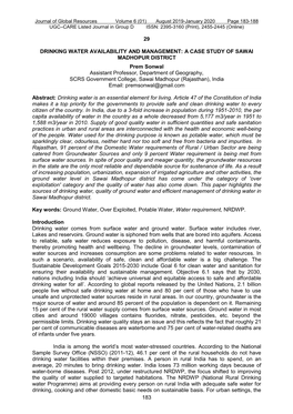 183 29 DRINKING WATER AVAILABILITY and MANAGEMENT: a CASE STUDY of SAWAI MADHOPUR DISTRICT Prem Sonwal Assistant Professor, Depa