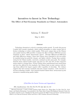 Incentives to Invest in New Technology: the Eﬀect of Fuel Economy Standards on China’S Automakers