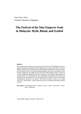 The Festival of the Nine Emperor Gods in Malaysia: Myth，Ritual，And Symbol