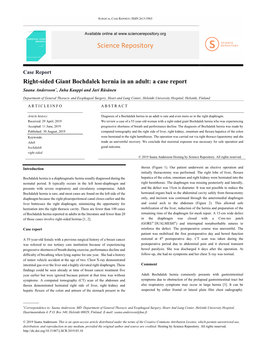 Right-Sided Giant Bochdalek Hernia in an Adult: a Case Report Saana Andersson*, Juha Kauppi and Jari Räsänen